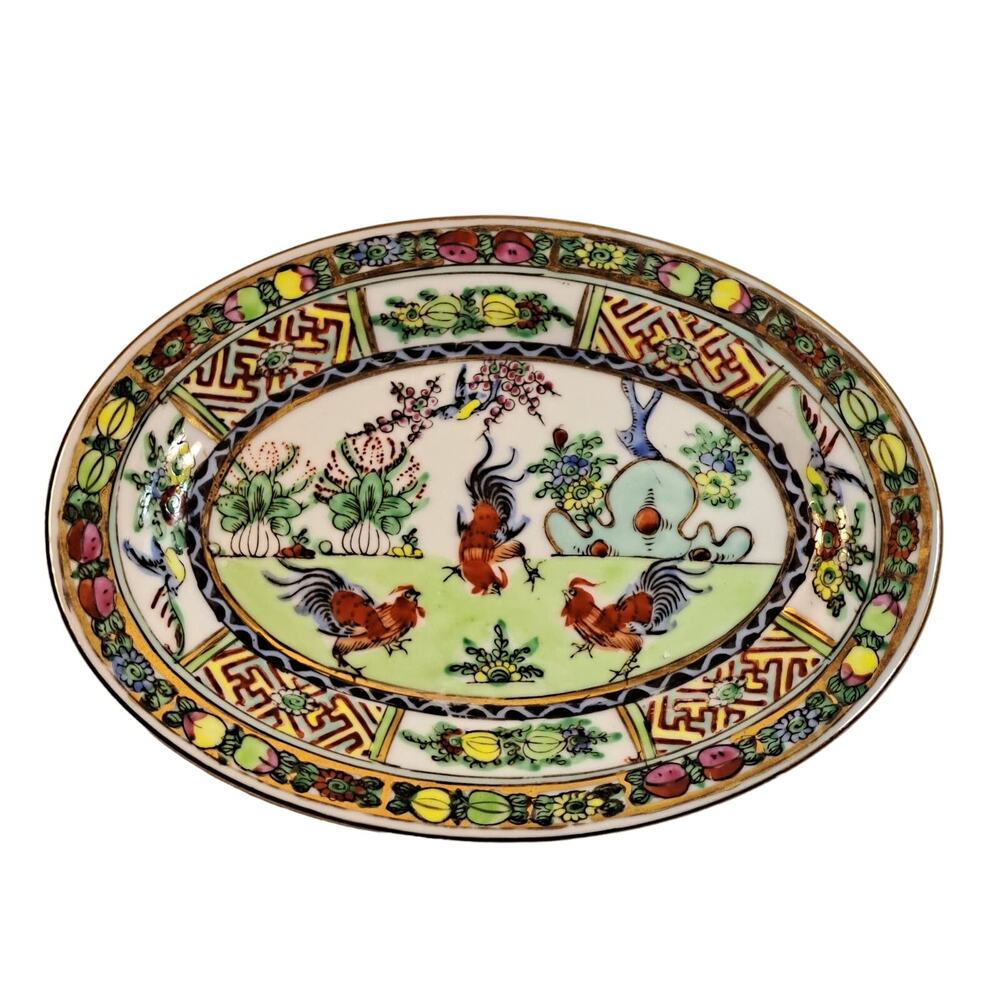 Japanese Hand Painted Porcelain Oval Plate Roosters Painted in HK Marked ACF Vtg